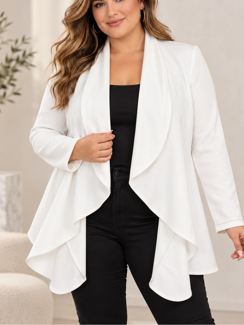 Doublju White Waterfall Blazer Jacket 2XL Draped Open Front Long Sleeve